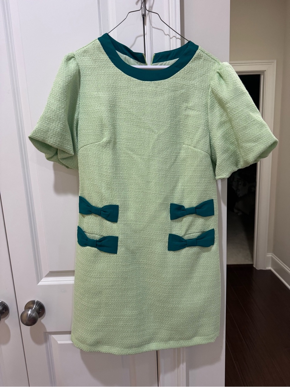 Light Green Mini Dress with Teal Bow Accents
